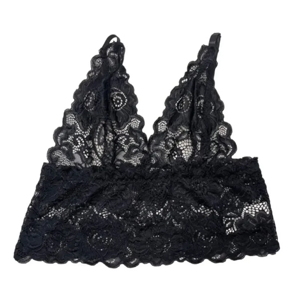 Women's Sheer Black Lace Bralette Sexy Lingerie‎ Deep V Cropped Top Boho Small